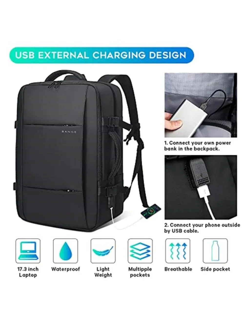 Travel Backpack Carry On 17 Inch Laptop Bag Waterproof USB Charging Anti Theft